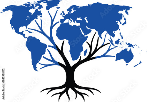 Stylized tree with world map branches symbolizing global environmental unity, nature conservation, ecological awareness, and sustainability concept art