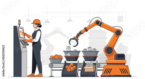 Automated manufacturing process showcasing robotic arm and worker supervision with industrial