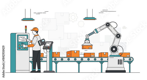 Automated manufacturing process with robotic arm and human operator in facility environment