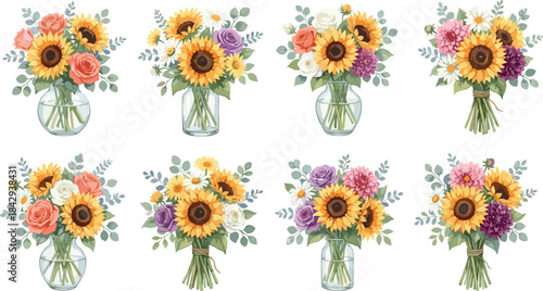 Sunflower-centered floral bouquets with roses, dahlias, and greenery in vases and tied bundles for decoration and design inspiration