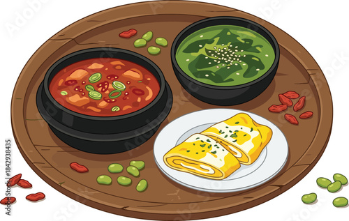Traditional Korean meal with spicy stew, seaweed soup, and rolled omelet served on wooden tray with colorful garnish accents
