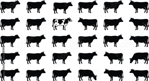 Unique cow silhouette concept featuring one spotted cow among black figures, symbolizing individuality, anomaly detection, and visual contrast in design.