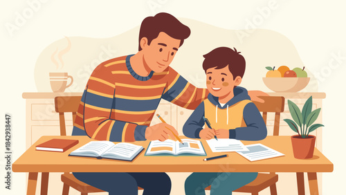 Father helping son with homework at table. Happy dad teaching boy writing. Homeschooling education family study concept. Distance learning kid. Parenting care. Flat vector illustration.