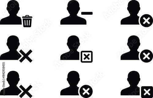 User deletion icons with silhouette profiles and removal symbols for UI design, app interface, and account management visuals