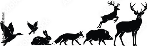 Wild animal silhouette set featuring deer, fox, rabbit, bird, duck, and boar in forest wildlife vector illustration style