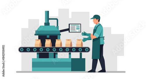 Automated packaging process in a modern factory setting with worker supervision for production