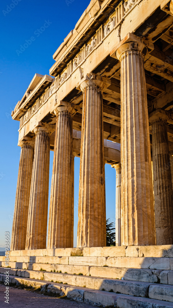 Obraz premium Ancient Greek temple with tall columns under a bright blue sky.