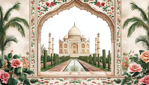Mughal style illustration of Taj Mahal framed by archway and floral garden India Mughal architecture