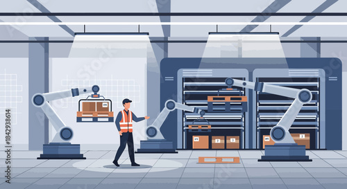 Automated warehouse management system showing robotic arms and human labor in a futuristic setting