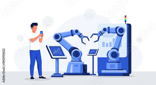 Automation and Industry 4.0 Concept Depicting a Man Taking Picture of Robot Arms Assembly Line