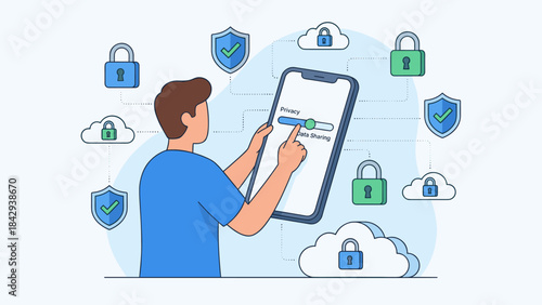Online privacy data consent. Person adjusting smartphone settings. Mobile security. Cybersecurity locks clouds. GDPR. Digital safety. User toggling data sharing. Secure browsing.