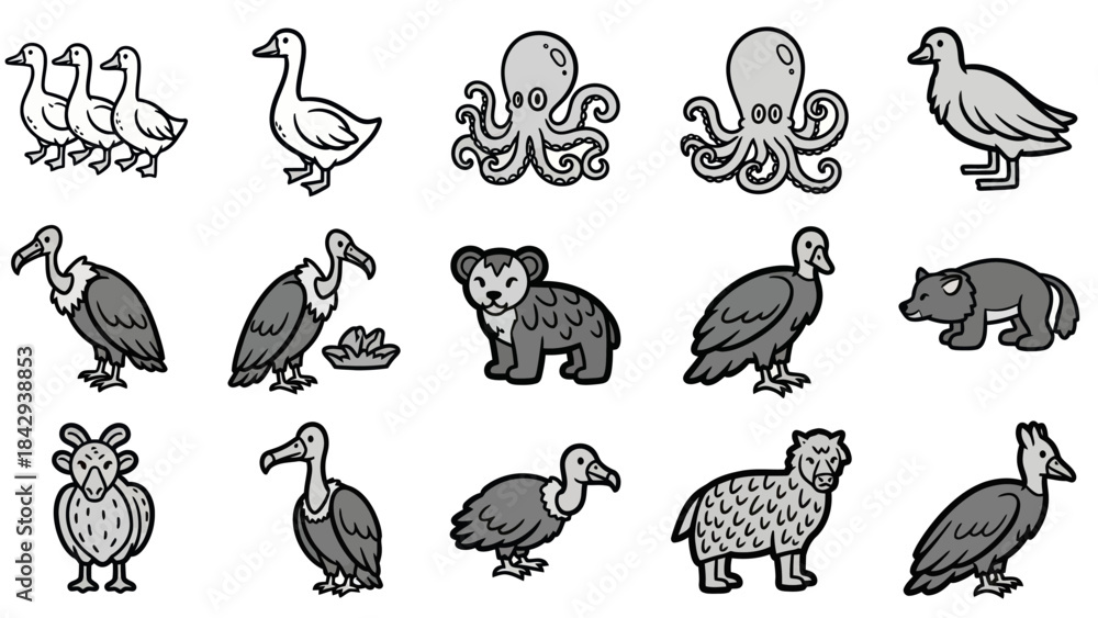 Fototapeta premium Cartoon animal illustrations ducks octopus vultures bears and other wildlife