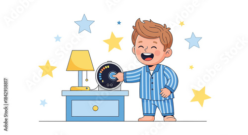 Boy in pajamas playing with time machine next to lamp under stary decoration