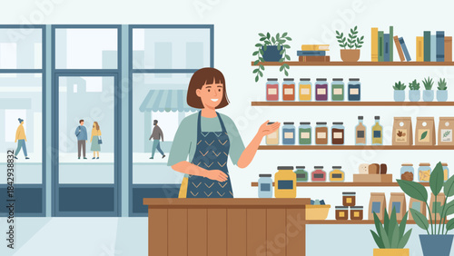 Small business owner woman behind counter local shop. Female seller apron products shelves. Retail concept vector illustration flat. Grocery market interior. Entrepreneur merchant.
