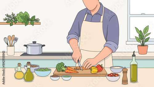 Man cooking healthy food at home kitchen. Person in apron preparing vegetable meal. Chef cutting fresh ingredients. Culinary domestic lifestyle. Dinner preparation illustration