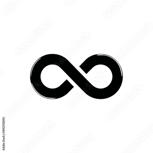 Black infinity symbol, endless eternity sign, unlimited possibilities, hand drawn brush stroke vector icon on white background.