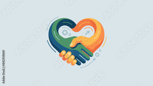 Stylized handshake forming heart shape. Business trust and loyalty concept. Partnership agreement. Cooperation deal. Corporate alliance. Synergy teamwork symbol. United hands icon.
