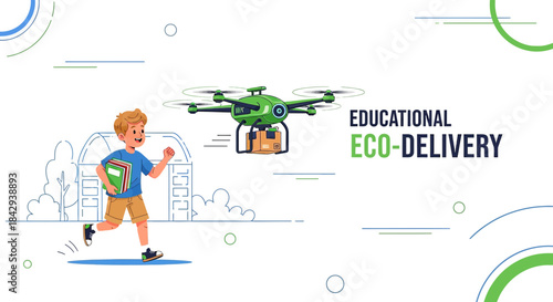 Boy receives books with green drone delivery modern educational services future concept