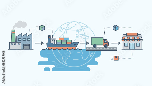 Global supply chain logistics map. Factory to retail store delivery. International trade. Cargo ship freight. Delivery truck transport. Worldwide distribution network infographic
