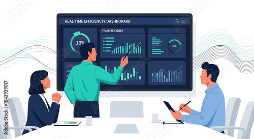Business team analyzing real-time efficiency dashboard during a corporate presentation meeting
