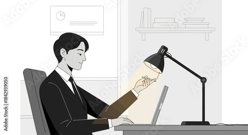 Businessman under the light analyzing information on his laptop in his office workspace