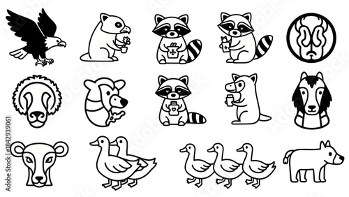 Cartoon animal illustrations eagle raccoon bear duck goat and lion designs