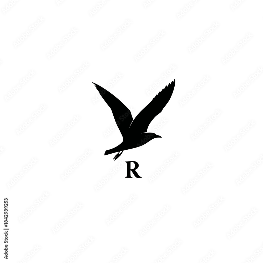 Obraz premium Abstract black flying bird silhouette with bold letter R icon on clean white background, minimalist graphic design element.
