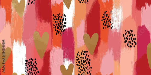 Dynamic, trendy abstract seamless pattern with painted brush strokes, leopard spots, and golden hearts for design, packaging, and modern fabrics