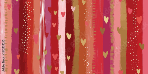 Whimsical Valentine's Day seamless pattern with brush strokes, gold glitter, and various red and pink hearts for wrapping paper, stationery, and branding