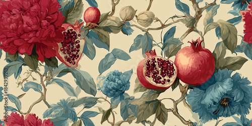 Opulent botanical pattern showcasing red pomegranates and neutral flowers with dusky blue leaves on a light cream background for luxury fabrics, packaging, and interior design