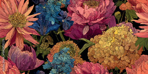 Vibrant, dark floral pattern featuring large peonies, ranunculus, and iris flowers in rich pink, coral, and blue tones on a deep black background for design, fashion fabrics, and bold packaging