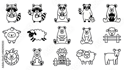 Cartoon animal collection panda bear raccoon and sheep character illustrations