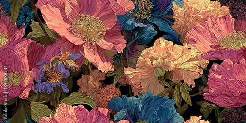 Vibrant, dark floral pattern featuring large peonies, ranunculus, and iris flowers in rich pink, coral, and blue tones on a deep black background for design, fashion fabrics, and bold packaging