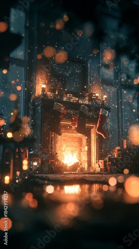 Cozy Christmas Fireplace with Stockings, Gifts and Falling Snow - Warm Holiday Background for Cards, Greeting, Cosmetics Winter Ads and Social Media