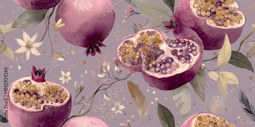 Whimsical and feminine pomegranate pattern in soft pinks, mauves, and purples with gold glitter accents for sophisticated fabrics, wrapping paper, and luxury branding