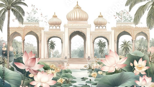Vintage Indian palace with lotus pond and palm trees watercolor illustration water lilies