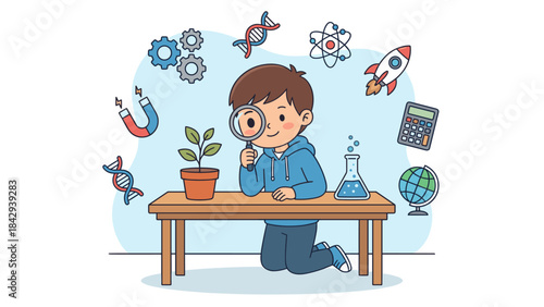 Young student studying science. Kid observing plant with magnifying glass. STEM education. Chemistry biology physics. School boy discovery. Curious child experiment. Lab research.