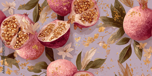 Whimsical and feminine pomegranate pattern in soft pinks, mauves, and purples with gold glitter accents for sophisticated fabrics, wrapping paper, and luxury branding