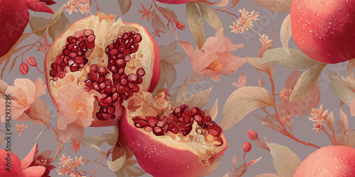 Highly detailed art pattern of cut pomegranate fruit and ethereal white and peach blossoms on a light mauve background for fine art textiles, packaging, and high-end stationery