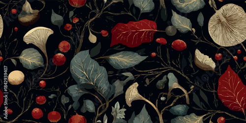 Rich, dramatic pattern of stylized mushrooms, berries, and foliage in dark tones of red, beige, and blue with gold accents on a deep black background for luxury design and moody decor