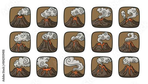 Volcano eruption sequence in cartoon style isolated on white background