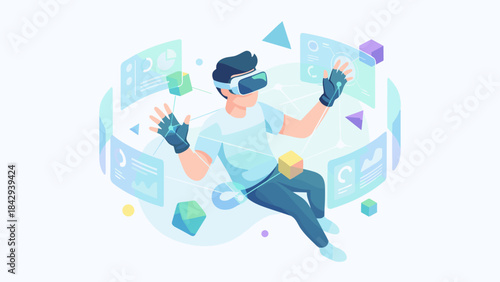 Virtual reality concept. Man in headset interacting with floating 3D shapes and data screens. Cyberspace metaverse simulation. Augmented reality future technology digital interface.