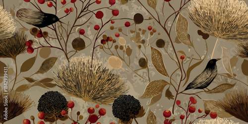Rustic botanical pattern with stylized birds perched on branches among red berries and textural seed heads in deep brown and beige tones for autumn fabrics and home textiles