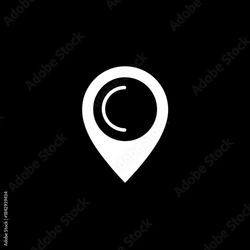 White Location Pin Icon with Circular Detail on Black Background. Map Pointer, GPS Marker, Navigation Symbol for Apps and Web.