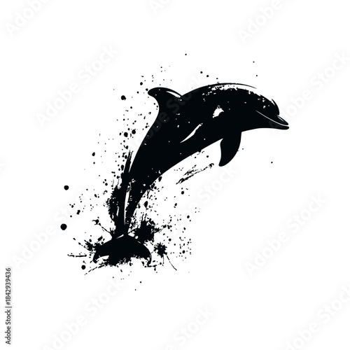 Dynamic black dolphin silhouette jumping from water with a grunge splatter effect, isolated on a white background
