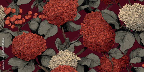 Intense botanical pattern with engraved-style red hydrangeas, berries, and dark foliage on a deep burgundy background for dramatic wallpapers, fabrics, and bold design