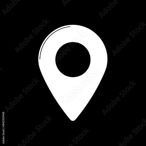 Minimalist white outline map pin icon on black background. GPS location marker, navigation symbol, address pointer for travel and finding places.