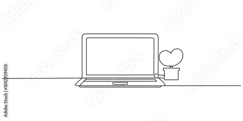 Continuous one line drawing of a minimalist modern laptop computer with a flowing, abstract data connection line. digital art concept. minimal design. Vector, illustration, Minimalist laptop