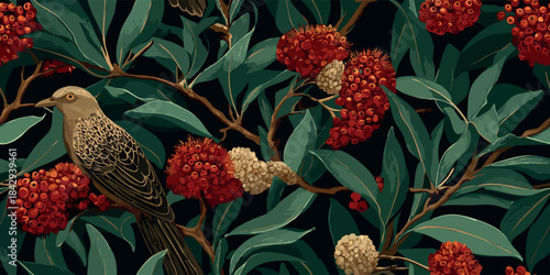 Luxurious botanical pattern featuring a bird among dense red berries and dark green foliage on a deep black background for high-end fabrics, fashion, and opulent interior design