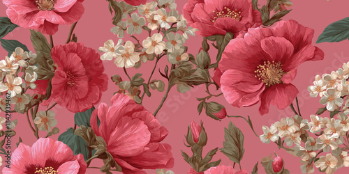 Luxurious, dense floral pattern featuring large pink and magenta peonies and white flowers painted in a lush, realistic style on a muted dusty green background for high-end fabrics